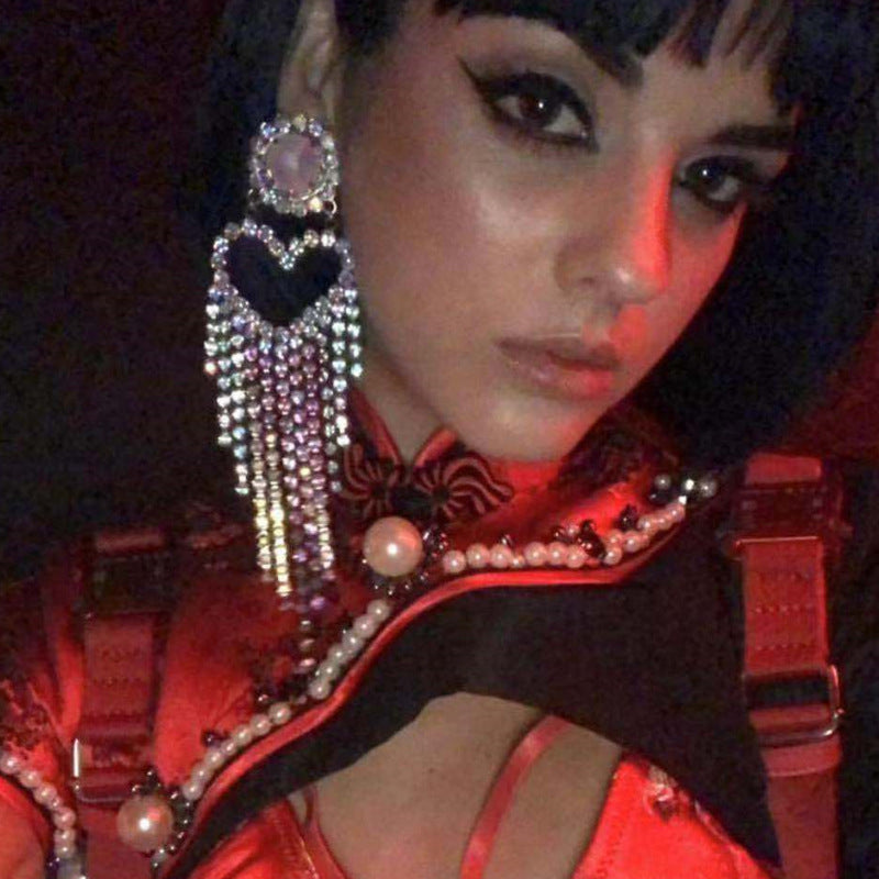 Heart-Shaped Diamond Long Tassel Earrings