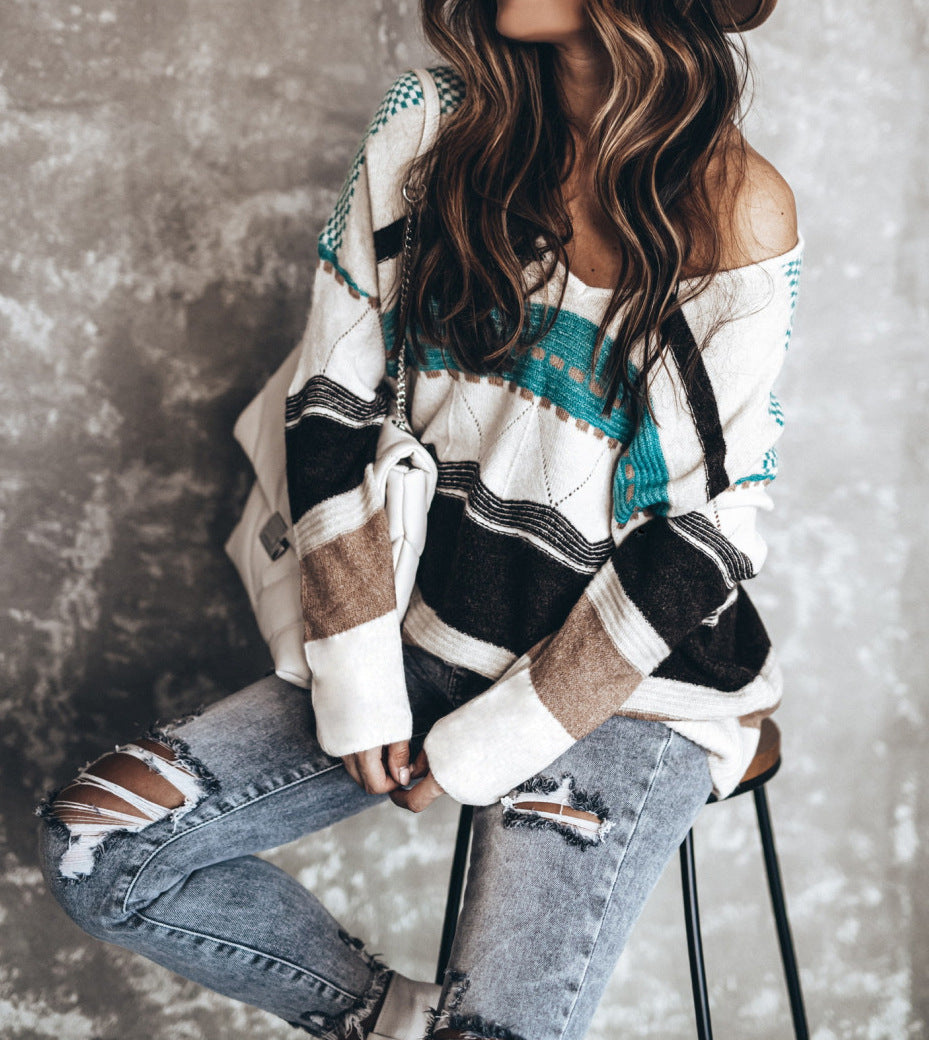 Fashion Casual Printed V-Neck Long Sleeve Top