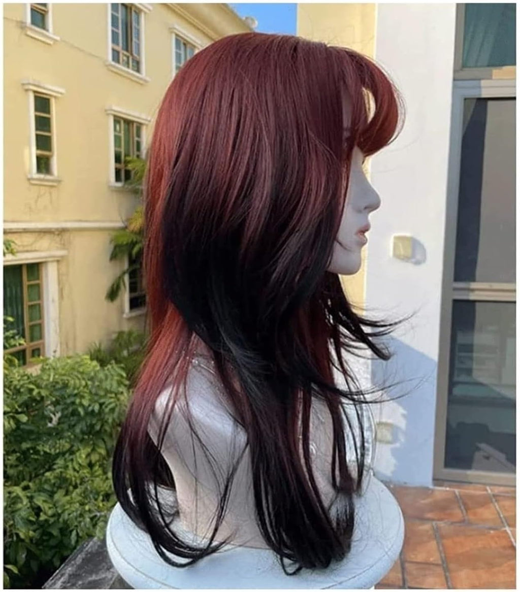 Peluca Peluca Linda Peluca De Mujer De Onda Grande Con Flequillo De Aire Peluca Roja Oscura for Niñas Peluca De Síntesis Mujer