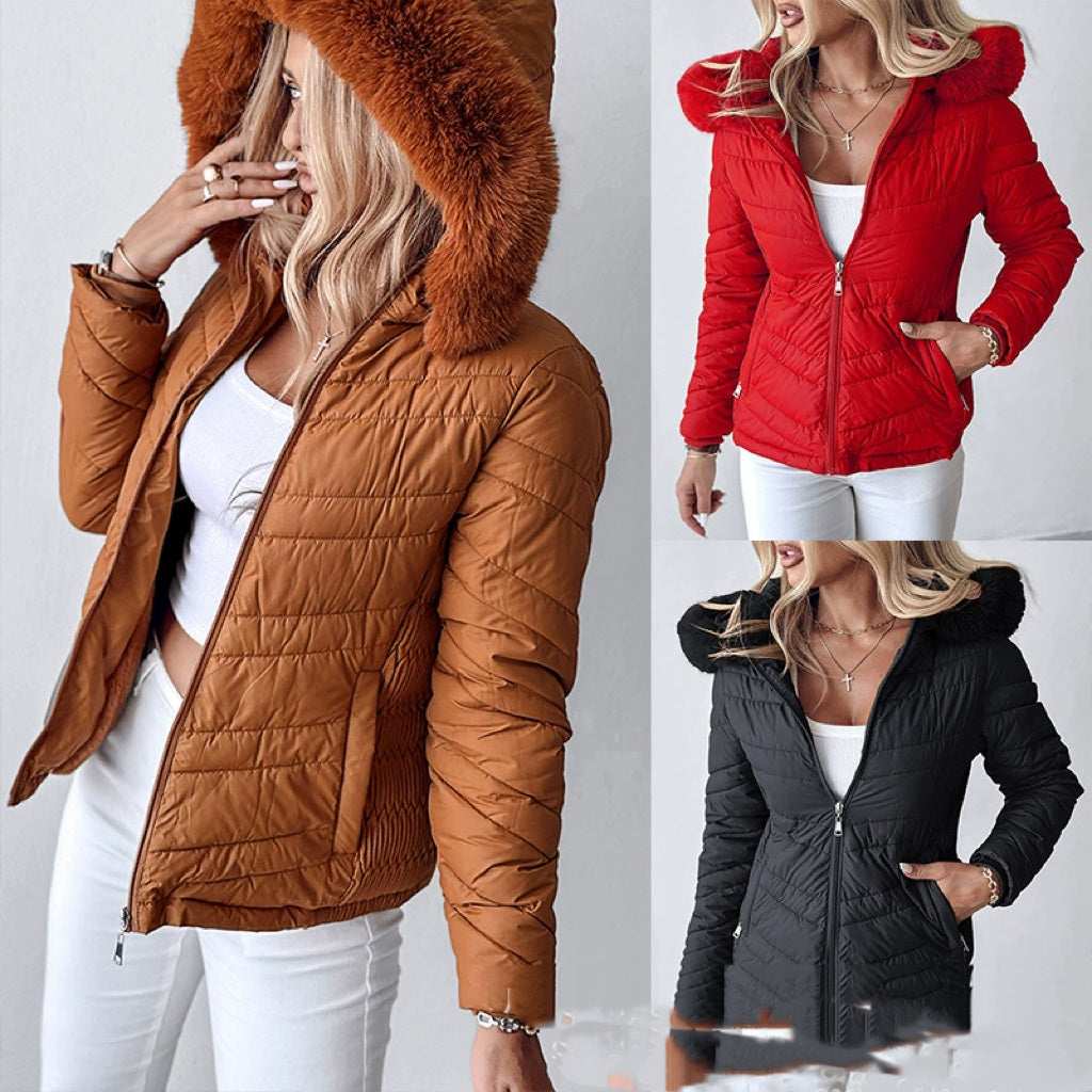 Cinched Hoodie With Fur Collar Short Jacket