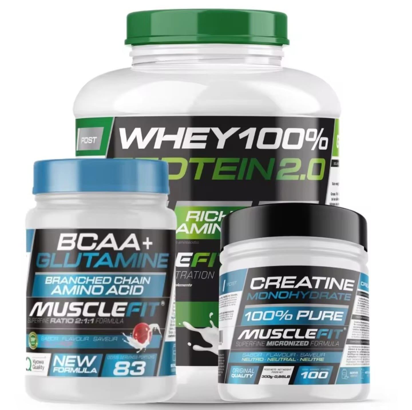 Kit MUSCLEFIT: Whey Protein 2.0, BCAA+Glutamine y Creatina Monohidrato | Recuperación y Crecimiento Muscular