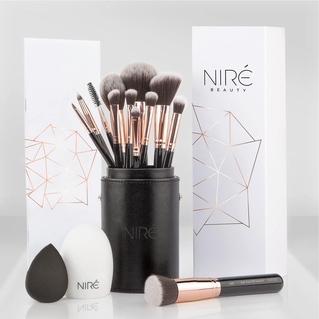 Niré Beauty Set De Brochas De Maquillaje Profesional De 15 Piezas : Brochas Y Pinceles De Maquillaje, Estuche, Esponja, Limpiador, Guía, Caja De Regalo