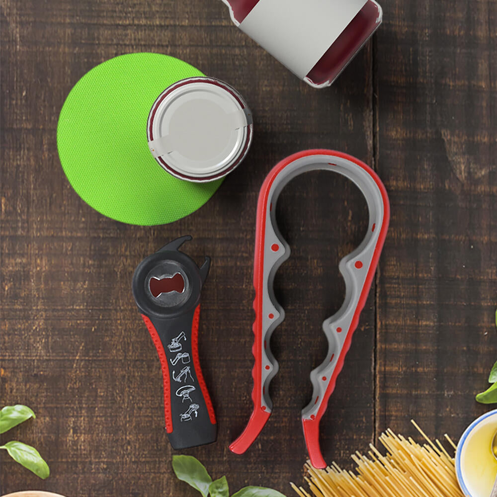 Abridor de frascos tapas con almohadilla de agarre para personas mayores manos débiles, abridor multifunción 4 en 1