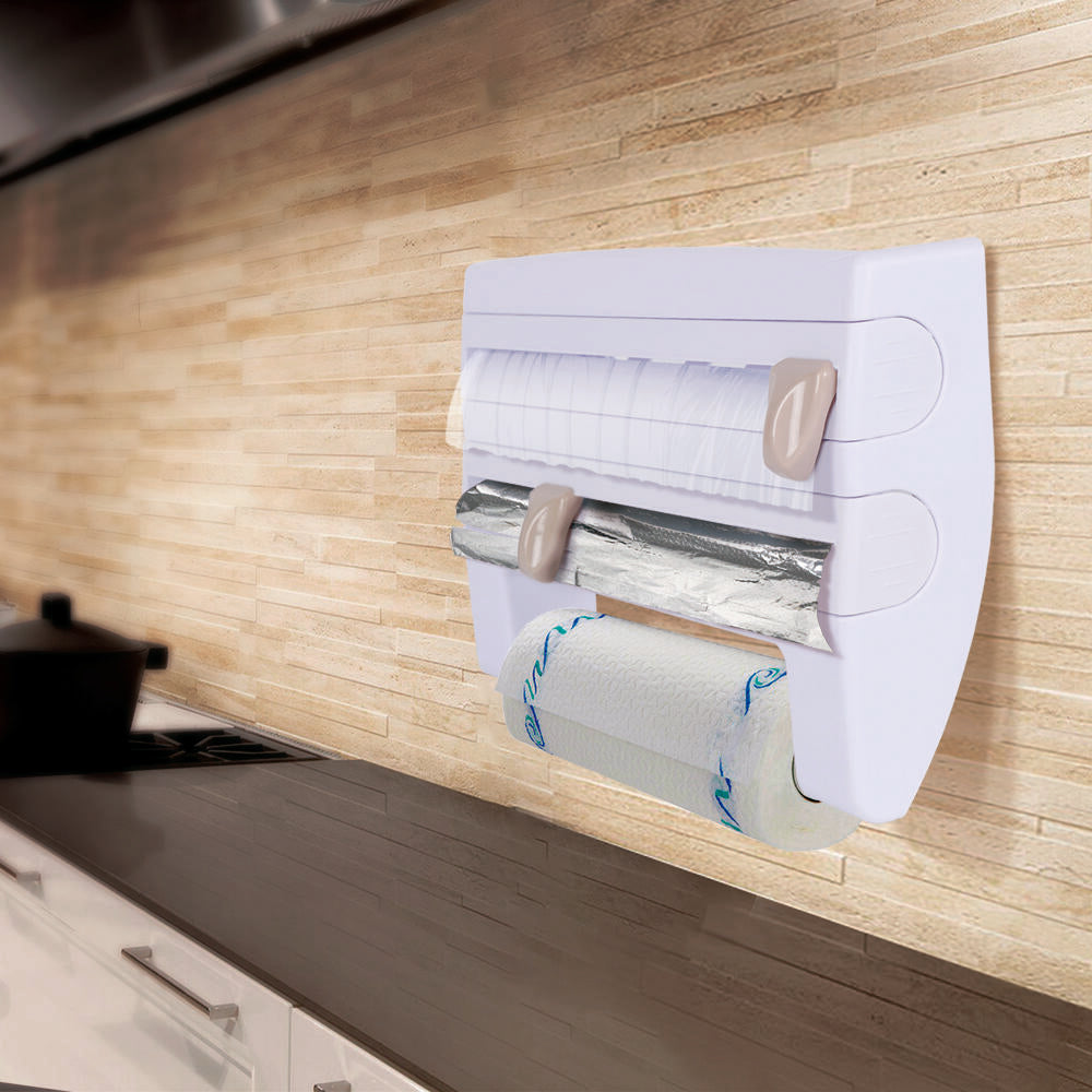 Portarrollos de Pared Para 3 Rollos, Porta Rollos Con Cuchillas Para un Corte Limpio, Portarrollos de Cocina de plástico