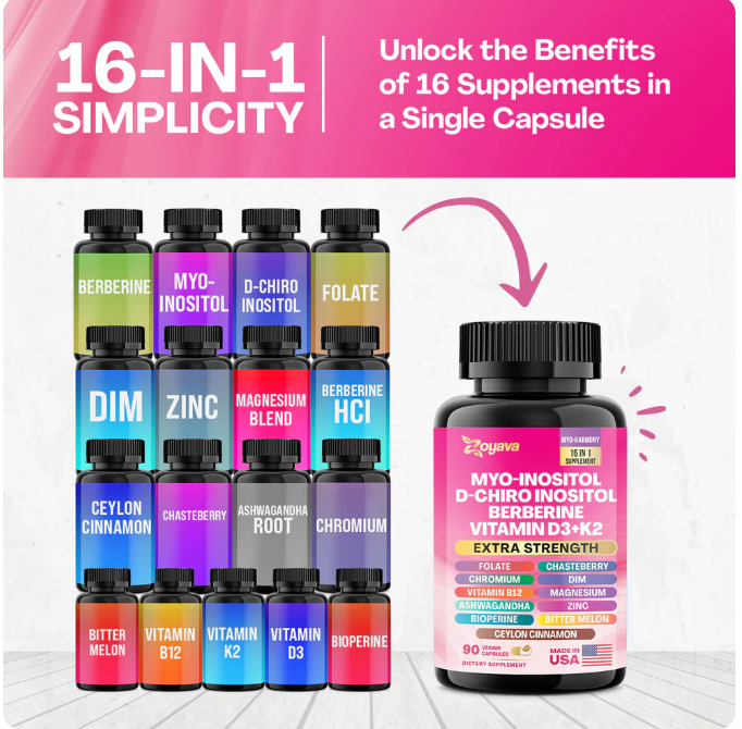 Suplemento para las hormonas-Myo-Inositol + D-Chiro Inositol + Berberina + Vitamina D3 + K2 – 90 Cápsulas