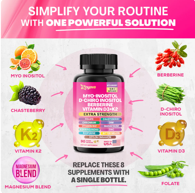 Suplemento para las hormonas-Myo-Inositol + D-Chiro Inositol + Berberina + Vitamina D3 + K2 – 90 Cápsulas